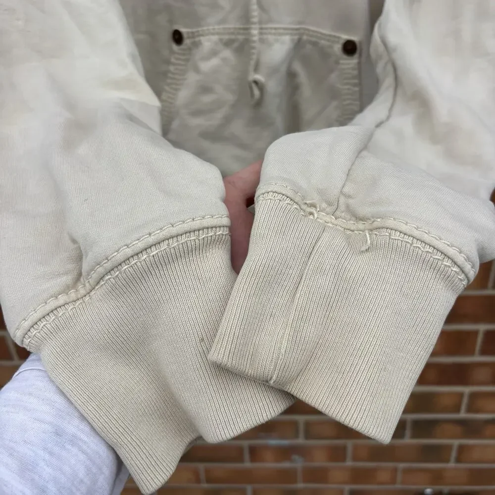 Y2K True Religion M Graphic Print Hoodie Sweatshirt Cream Streetwear Vtg Flaws